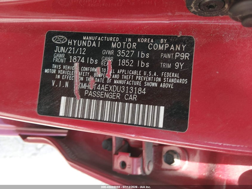 2013 Hyundai Accent VIN KMHCT4AEXDU313184 IAAI salvage auction — NORMAL WEAR, Clear (Missouri), sold $125 on 2026-07-20 (photo 9)