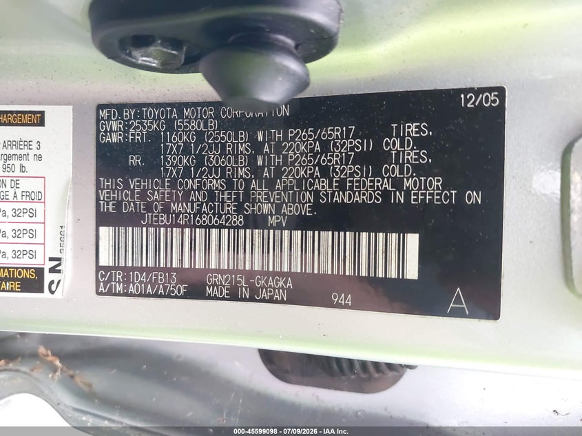 2006 Toyota 4runner VIN JTEBU14R168064288 IAAI salvage auction — NORMAL WEAR, Clear (Maryland), sold $5,200 on 2026-07-14 (photo 9)