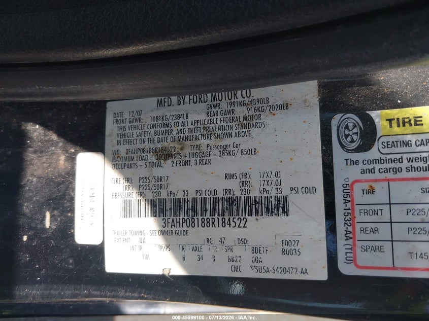 2008 Ford Fusion VIN 3FAHP08188R184522 IAAI salvage auction — FRONT END, Salvage (Ohio), sold $200 on 2026-07-19 (photo 9)