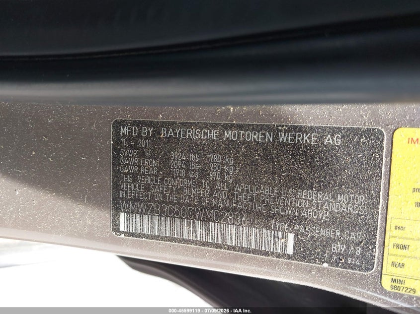 2012 Mini VIN WMWZB3C50CWM02836 IAAI salvage auction — NORMAL WEAR, Salvage Title, sold $300 on 2026-07-29 (photo 9)
