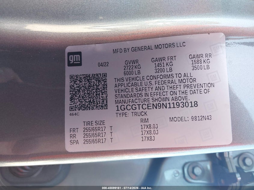 2022 Chevrolet Colorado VIN 1GCGTCEN9N1193018 IAAI salvage auction — FRONT END, Clear Claim Paid (Wisconsin), sold $9,400 on 2026-07-30 (photo 9)