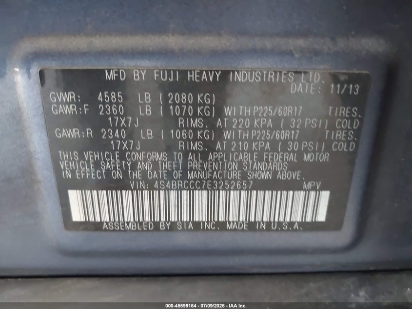 2014 Subaru Outback VIN 4S4BRCCC7E3252657 IAAI salvage auction — NORMAL WEAR, Rebuilt/Restored (Utah), sold $1,050 on 2026-08-02 (photo 9)