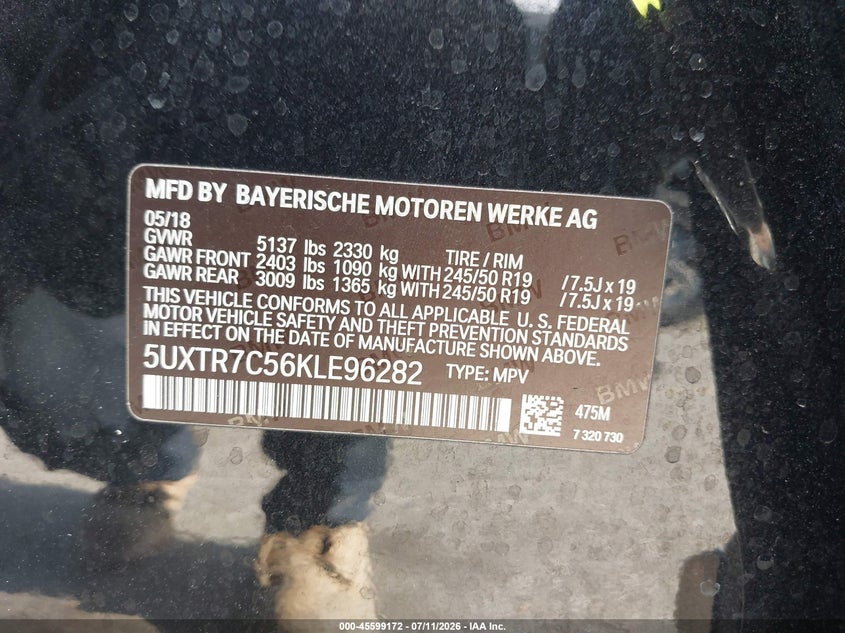 2019 BMW X3 VIN 5UXTR7C56KLE96282 IAAI salvage auction — NORMAL WEAR, Original (Texas), sold $6,800 on 2026-07-22 (photo 9)
