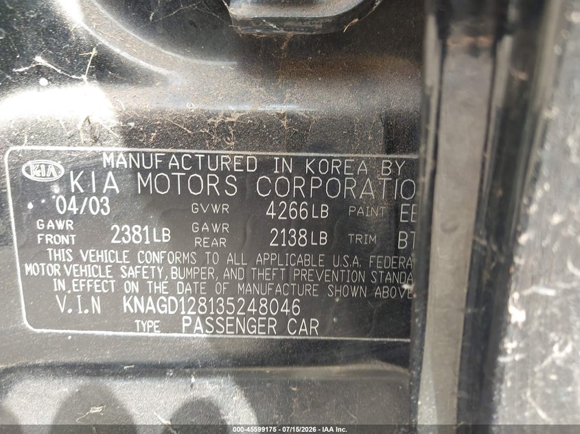 2003 Kia Optima VIN KNAGD128135248046 IAAI salvage auction — NORMAL WEAR, Salvage Title, sold $175 on 2026-07-22 (photo 9)