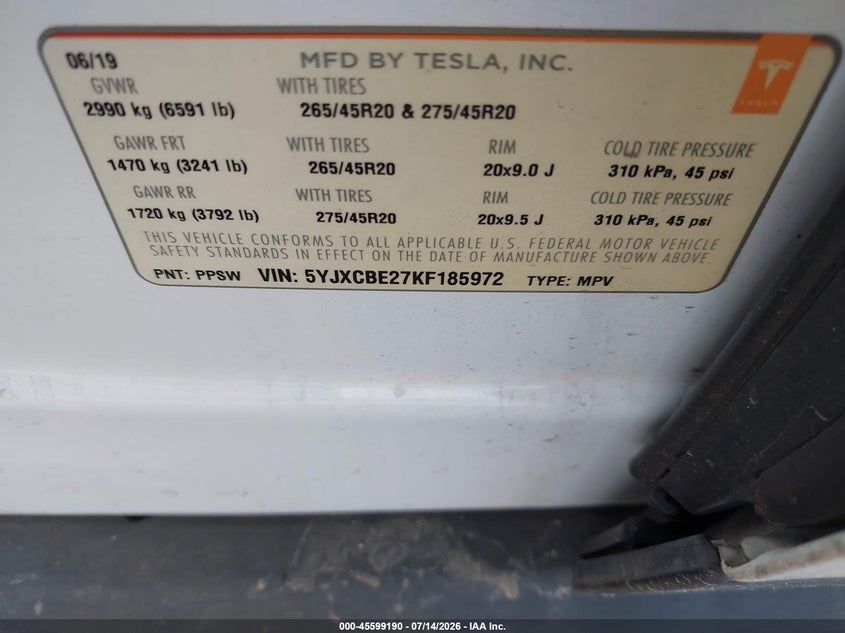 2019 Tesla Model x VIN 5YJXCBE27KF185972 IAAI salvage auction — REAR END, Original (Texas), sold $13,350 on 2026-08-13 (photo 9)