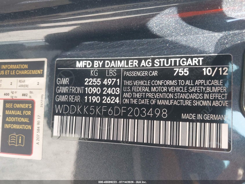 2013 Mercedes-benz E-klasse VIN WDDKK5KF6DF203498 IAAI salvage auction — LEFT SIDE, Salvage Title, sold $2,200 on 2026-08-12 (photo 9)
