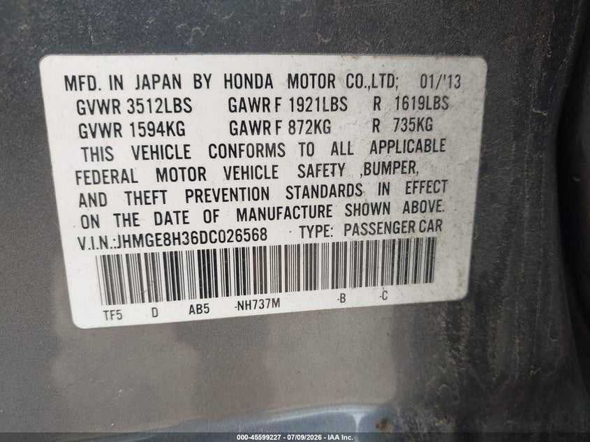 2013 Honda Fit VIN JHMGE8H36DC026568 IAAI salvage auction — FRONT END, Salvage Title, sold $400 on 2026-07-29 (photo 9)