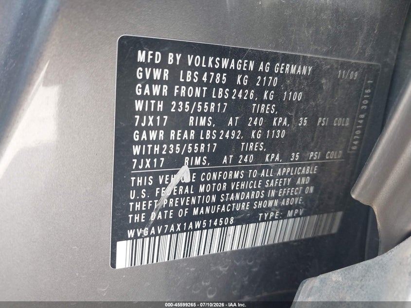 2010 Volkswagen Tiguan VIN WVGAV7AX1AW514508 IAAI salvage auction — NORMAL WEAR, Original (Texas), sold $300 on 2026-07-29 (photo 9)