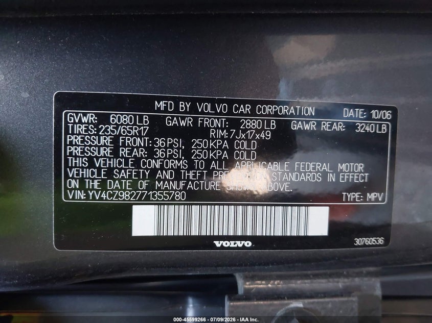 2007 Volvo Xc90 VIN YV4CZ982771355780 IAAI salvage auction — FRONT END, Salvage (Texas), sold $150 on 2026-08-13 (photo 9)