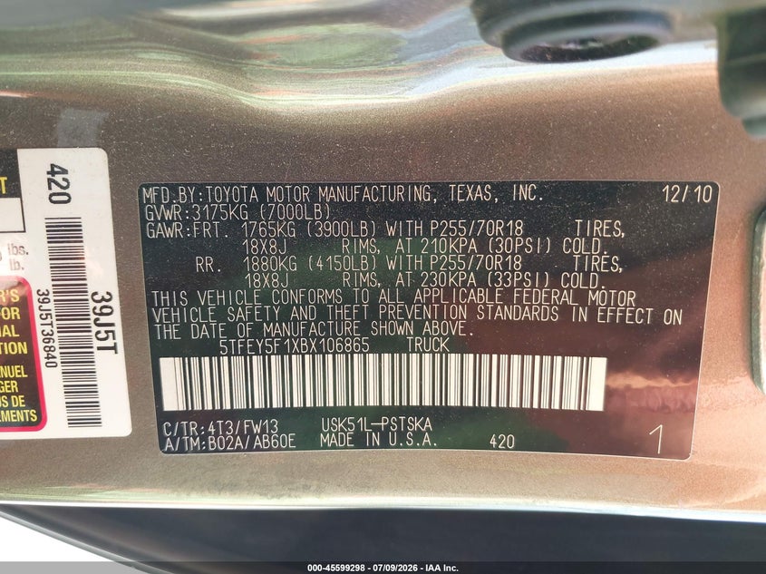 2011 Toyota Tundra VIN 5TFEY5F1XBX106865 IAAI salvage auction — NORMAL WEAR, Clear (Texas), sold $4,550 on 2026-07-30 (photo 9)