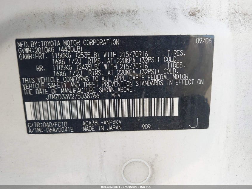 2007 Toyota Rav4 VIN JTMZD33V275038766 IAAI salvage auction — NORMAL WEAR, Clear - Dealer Only (California), sold $975 on 2026-07-29 (photo 9)