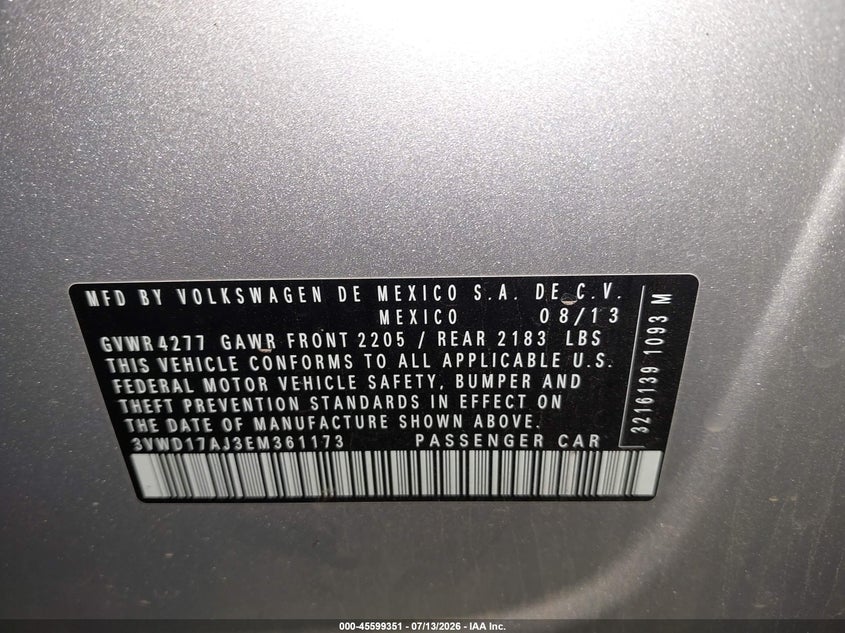 2014 Volkswagen Jetta VIN 3VWD17AJ3EM361173 IAAI salvage auction — RIGHT FRONT, Salvage (Pennsylvania), sold $500 on 2026-07-18 (photo 9)