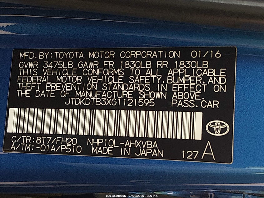 2016 Toyota Prius c VIN JTDKDTB3XG1121595 IAAI salvage auction — REAR END, Salvage Title, sold $1,050 on 2026-07-28 (photo 9)