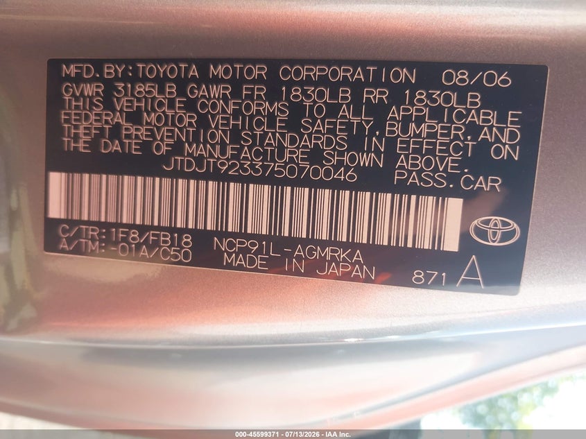 2007 Toyota Yaris VIN JTDJT923375070046 IAAI salvage auction — NORMAL WEAR, Clear (Massachusetts), sold $400 on 2026-07-24 (photo 9)