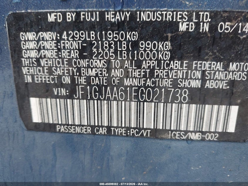 2014 Subaru Impreza VIN JF1GJAA61EG021738 IAAI salvage auction — FRONT END, Clear (Virginia), sold $600 on 2026-07-18 (photo 9)