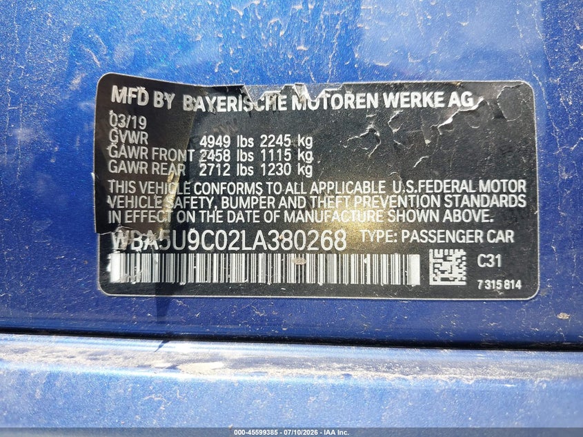 2020 BMW 3er VIN WBA5U9C02LA380268 IAAI salvage auction — FRONT & REAR, Salvage Title, sold $19,350 on 2026-09-01 (photo 9)