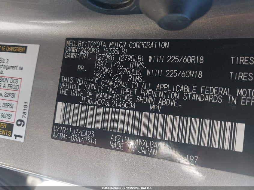 2020 Lexus Nx VIN JTJGJRDZ3L2146004 IAAI salvage auction — FRONT END, Salvage (Wisconsin), sold $12,200 on 2026-07-28 (photo 9)