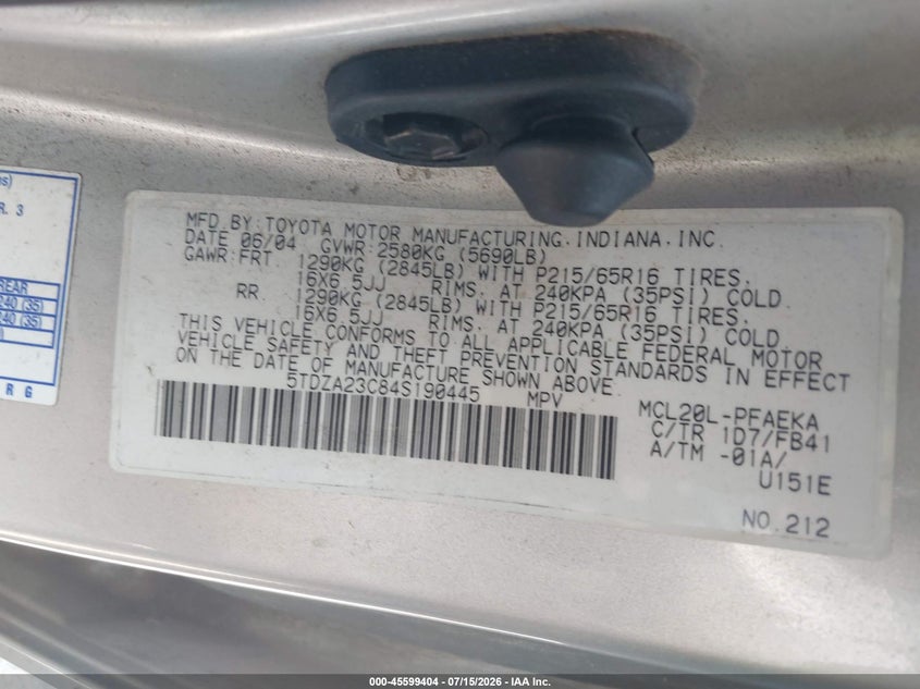 2004 Toyota Sienna VIN 5TDZA23C84S190445 IAAI salvage auction — NORMAL WEAR, Original (Ohio), sold $750 on 2026-07-20 (photo 9)