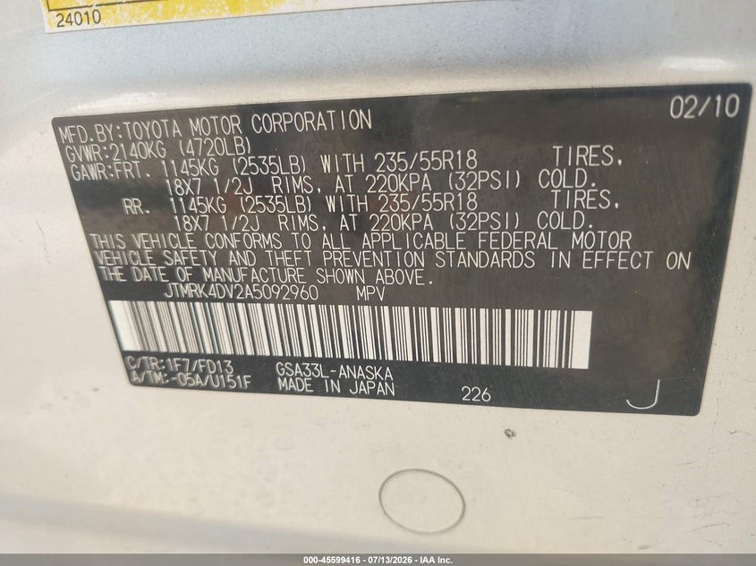 2010 Toyota Rav4 VIN JTMRK4DV2A5092960 IAAI salvage auction — NORMAL WEAR, Original (Texas), sold $900 on 2026-07-29 (photo 9)