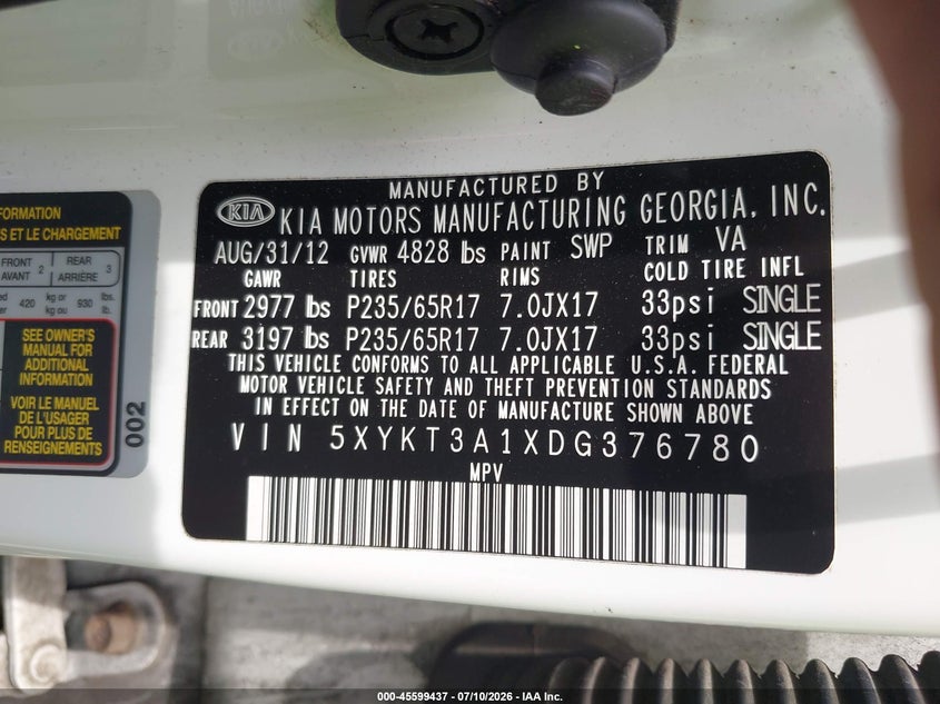 2013 Kia Sorento VIN 5XYKT3A1XDG376780 IAAI salvage auction — NORMAL WEAR, Salvage Title, sold $800 on 2026-07-20 (photo 9)