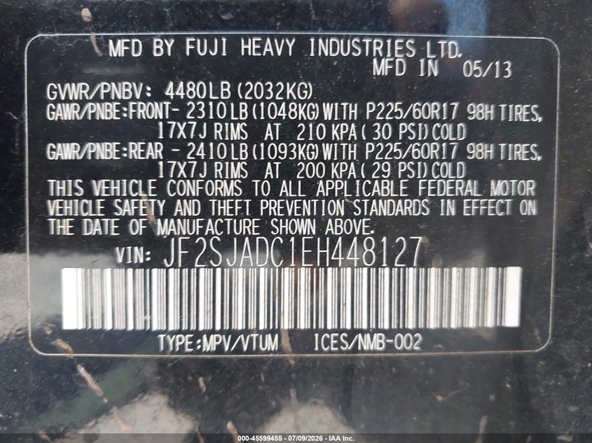 2014 Subaru Forester VIN JF2SJADC1EH448127 IAAI salvage auction — NORMAL WEAR, Salvage Title, sold $400 on 2026-07-28 (photo 9)
