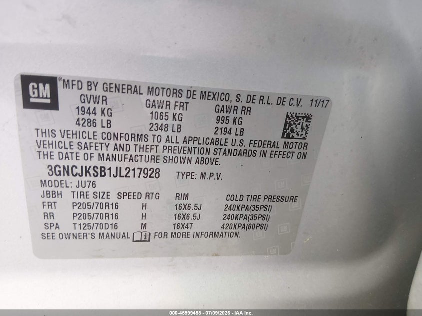 2018 Chevrolet Trax VIN 3GNCJKSB1JL217928 IAAI salvage auction — LEFT & RIGHT, Salvage Title, sold $1,275 on 2026-08-19 (photo 9)