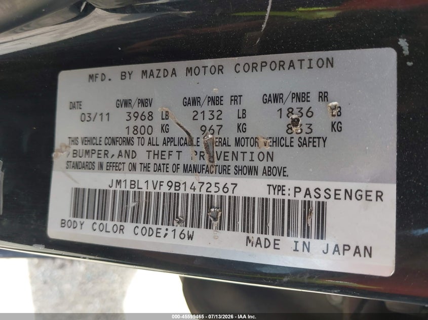 2011 Mazda 3 VIN JM1BL1VF9B1472567 IAAI salvage auction — NORMAL WEAR, Original (Texas), sold $150 on 2026-07-28 (photo 9)