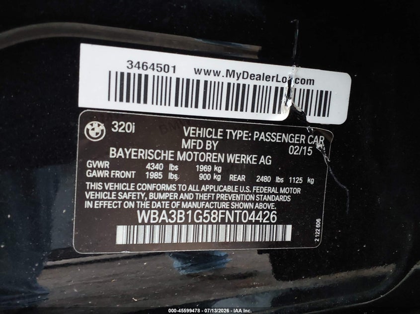 2015 BMW 3er VIN WBA3B1G58FNT04426 IAAI salvage auction — LEFT FRONT, Original (Texas), sold $2,550 on 2026-08-13 (photo 9)
