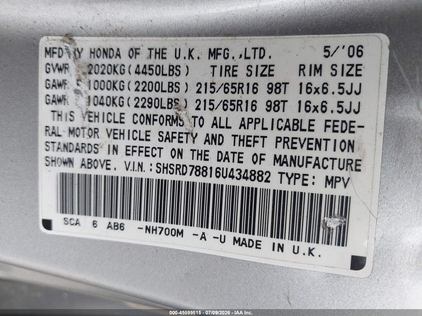 2006 Honda Cr-v VIN SHSRD78816U434882 IAAI salvage auction — NORMAL WEAR, Clear (Maryland), sold $1,150 on 2026-07-14 (photo 9)