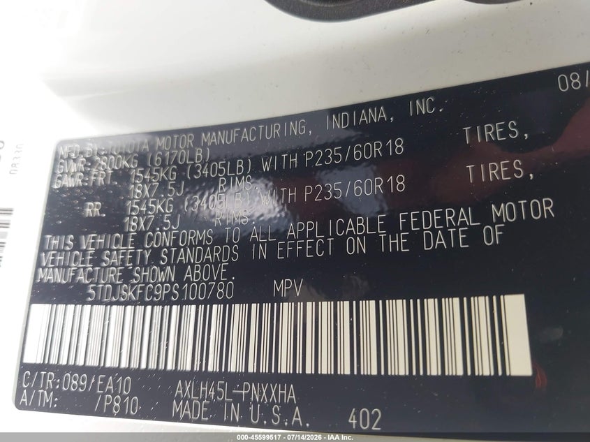2023 Toyota Sienna VIN 5TDJSKFC9PS100780 IAAI salvage auction — RIGHT SIDE, Salvage Title, sold $12,700 on 2026-08-19 (photo 9)
