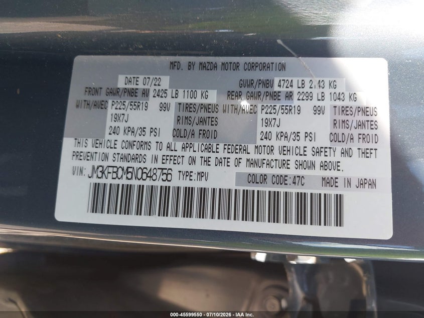 2022 Mazda Cx-5 VIN JM3KFBCM5N0648756 IAAI salvage auction — RIGHT SIDE, Mv-907A (New York), sold $9,050 on 2026-09-02 (photo 9)