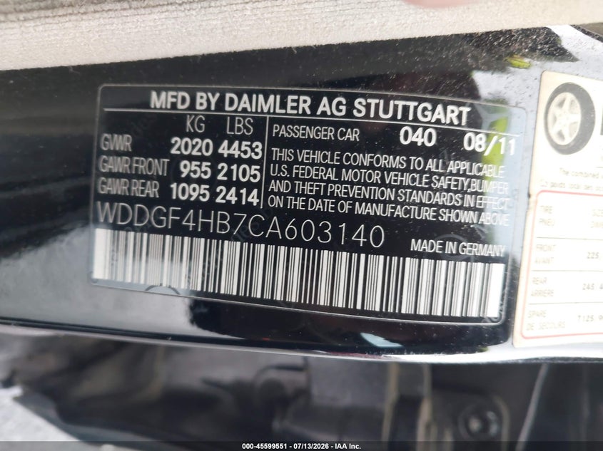 2012 Mercedes-benz C-klasse VIN WDDGF4HB7CA603140 IAAI salvage auction — NORMAL WEAR, Clear (Georgia), sold $400 on 2026-07-29 (photo 9)