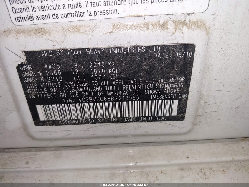 2011 Subaru LEGACY VIN 4S3BMBC68B3213966 IAAI salvage auction — UNKNOWN, Salvage (Pennsylvania), sold $275 on 2026-07-19 (photo 9)