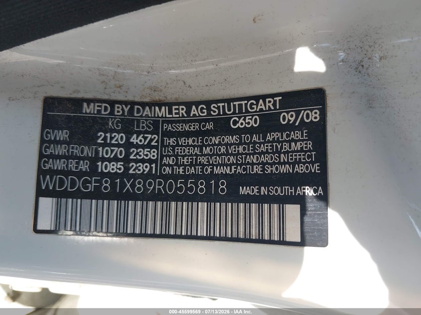 2009 Mercedes-benz C class VIN WDDGF81X89R055818 IAAI salvage auction — FRONT END, Junk Bill Of Sale Mv2459 (Wisconsin), sold $675 on 2026-08-18 (photo 9)