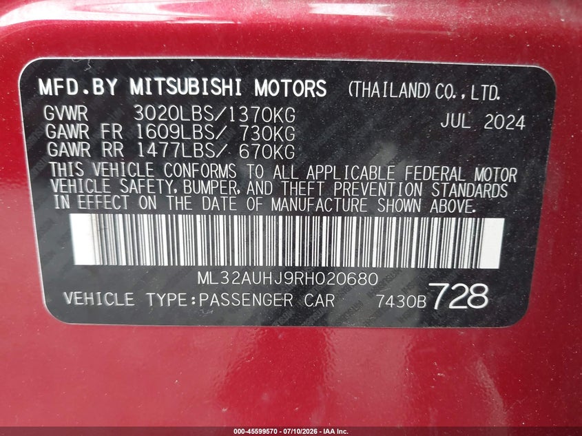 2024 Mitsubishi Mirage VIN ML32AUHJ9RH020680 IAAI salvage auction — SIDE, Salvage Title, sold $4,575 on 2026-07-21 (photo 9)
