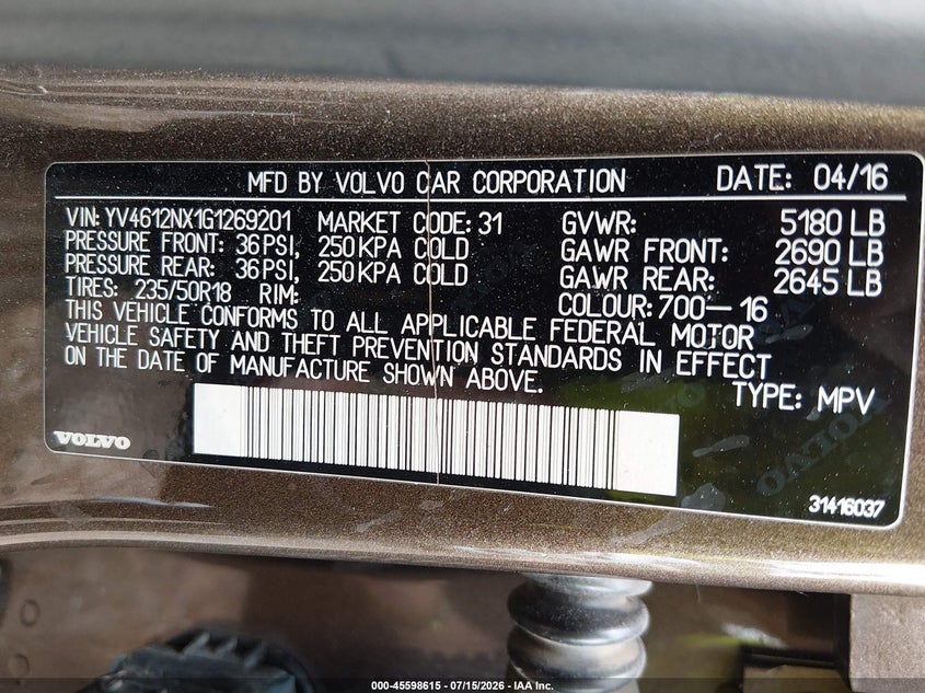 2016 Volvo Xc70 VIN YV4612NX1G1269201 IAAI salvage auction — FRONT & REAR, Wait Title, sold $750 on 2026-08-05 (photo 9)