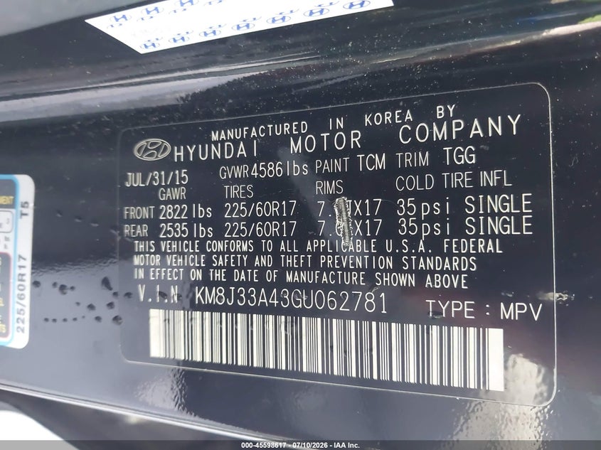 2016 Hyundai Tucson VIN KM8J33A43GU062781 IAAI salvage auction — NORMAL WEAR, Repossession Paperwork (Georgia), sold $25 on 2026-07-29 (photo 9)