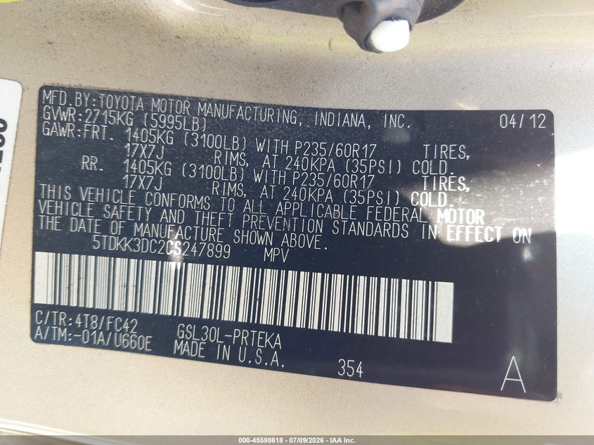 2012 Toyota Sienna VIN 5TDKK3DC2CS247899 IAAI salvage auction — NORMAL WEAR, Salvage Title, sold $25 on 2026-07-21 (photo 9)