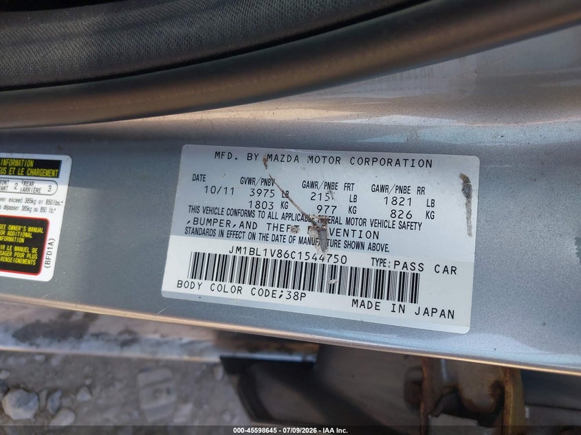 2012 Mazda 3 VIN JM1BL1V86C1544750 IAAI salvage auction — NORMAL WEAR, Clear (New York), sold $300 on 2026-07-29 (photo 9)