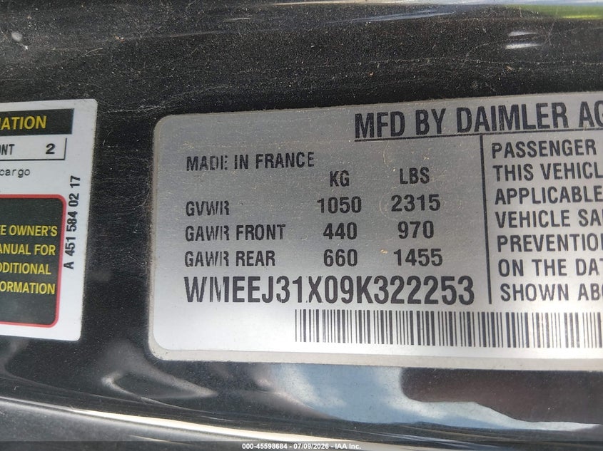 2009 Smart Fortwo VIN WMEEJ31X09K322253 IAAI salvage auction — NORMAL WEAR, Original (Texas), sold $625 on 2026-07-20 (photo 9)