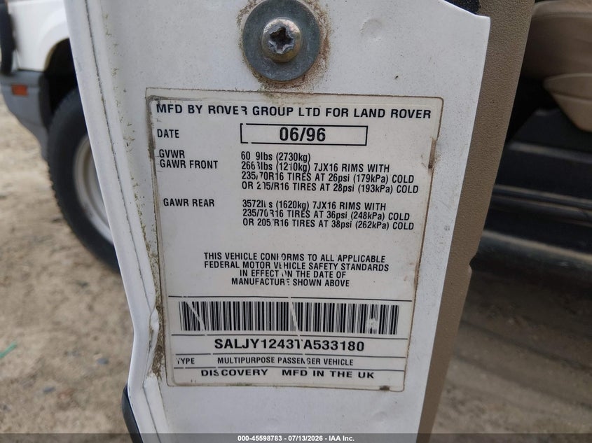 1996 Land rover Discovery VIN SALJY1243TA533180 IAAI salvage auction — NORMAL WEAR, Clear (Georgia), sold $400 on 2026-07-16 (photo 9)