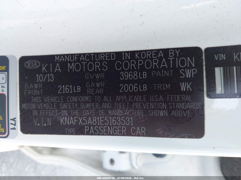 2014 Kia Forte VIN KNAFX5A81E5163531 IAAI salvage auction — FRONT END, Clear (Georgia), sold $650 on 2026-07-29 (photo 9)