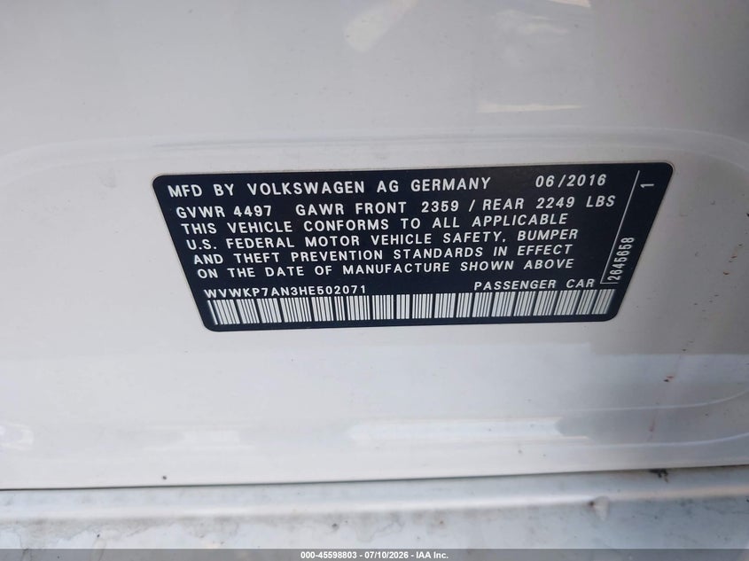 2017 Volkswagen Passat cc VIN WVWKP7AN3HE502071 IAAI salvage auction — FRONT END, Wait Title, sold $2,000 on 2026-08-08 (photo 9)