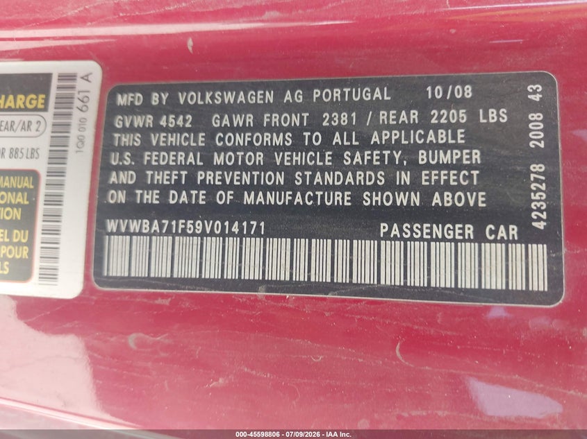 2009 Volkswagen Eos VIN WVWBA71F59V014171 IAAI salvage auction — NORMAL WEAR, Original (Texas), sold $100 on 2026-07-23 (photo 9)