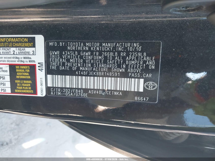 2011 Toyota Camry VIN 4T4BF3EK8BR148591 IAAI salvage auction — NORMAL WEAR, Clear (Connecticut), sold $950 on 2026-08-01 (photo 9)