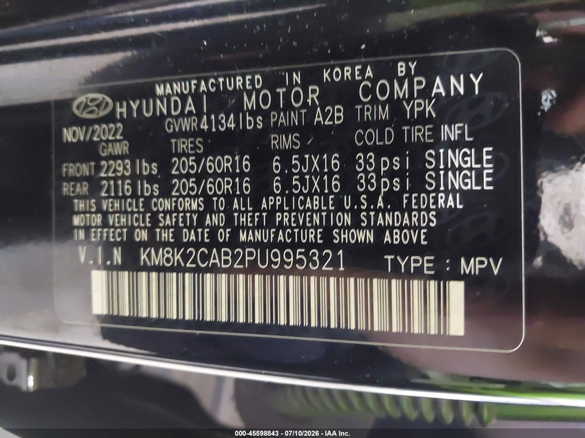 2023 Hyundai Kona VIN KM8K2CAB2PU995321 IAAI salvage auction — ROOF, Salvage Title, sold $2,850 on 2026-07-29 (photo 9)