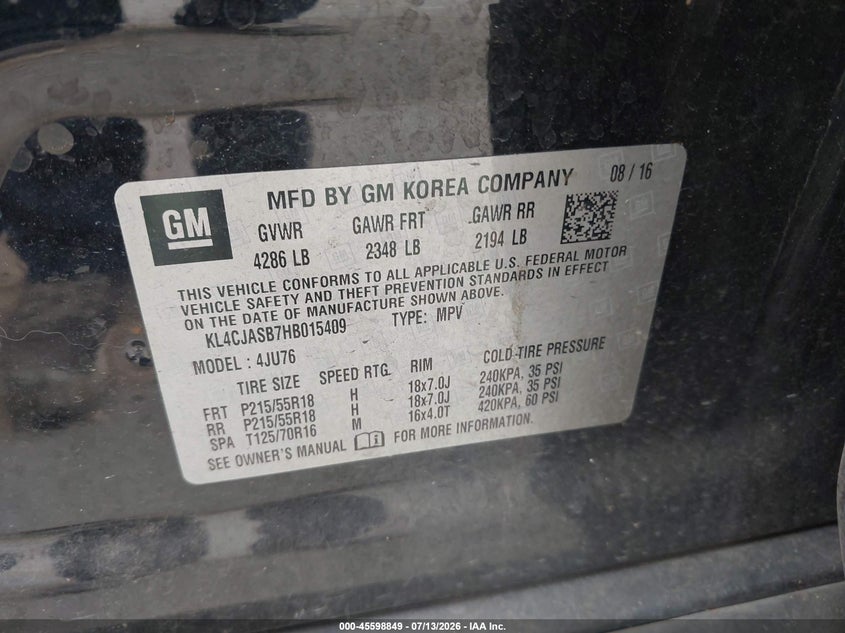 2017 Buick Encore VIN KL4CJASB7HB015409 IAAI salvage auction — NORMAL WEAR, Clear - Dealer Only (California), sold $2,150 on 2026-07-28 (photo 9)