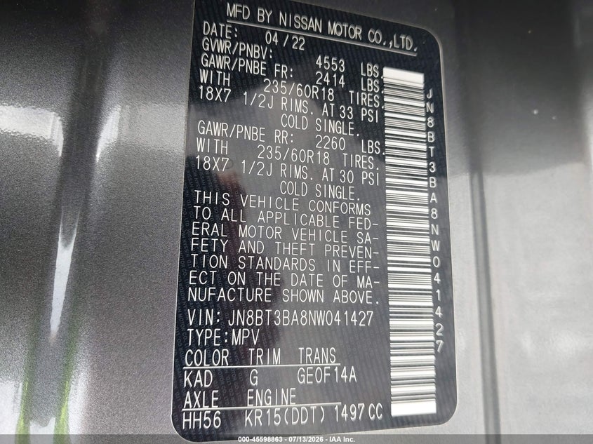 2022 Nissan Rogue VIN JN8BT3BA8NW041427 IAAI salvage auction — RIGHT FRONT, Certificate Of Destruction (Florida), sold $5,600 on 2026-07-26 (photo 9)