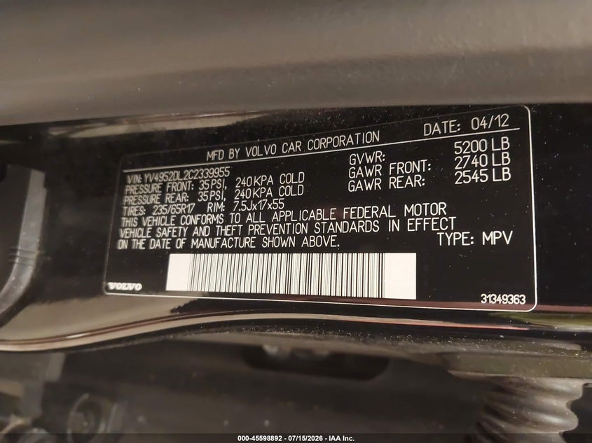 2012 Volvo Xc60 VIN YV4952DL2C2339955 IAAI salvage auction — NORMAL WEAR, Original (New Hampshire), sold $375 on 2026-07-29 (photo 8)