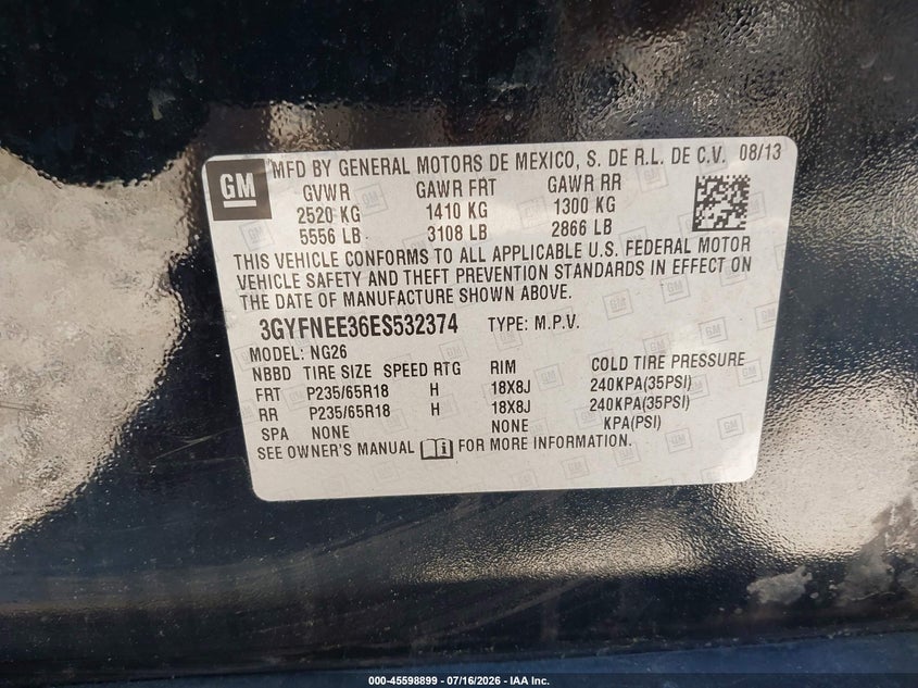 2014 Cadillac Srx VIN 3GYFNEE36ES532374 IAAI salvage auction — RIGHT FRONT, Salvage Title, sold $550 on 2026-08-19 (photo 9)